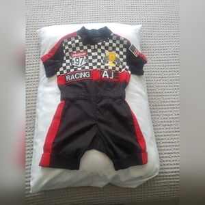 Baby 1st birthday racecar short jumper.